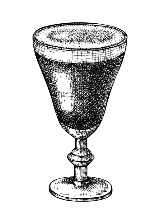 Hand-sketched caffeine drink illustration. Vector sketch of aromatic Irish coffee in elegant glass. Coffee cocktail with alcohol hand-drawing isolated on white background